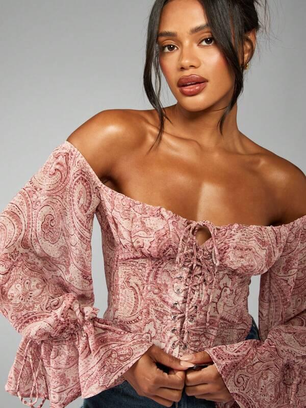 Missguided MISSGUIDED Paisley Chiffon Bardot Corset Puff Sleeve Boho Cottage Core Blouse