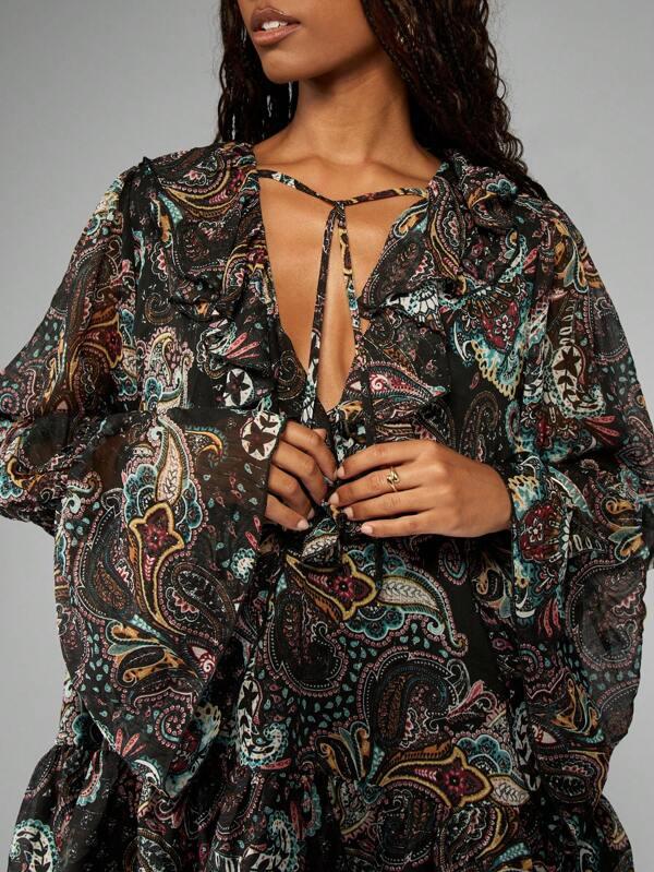 Missguided MISSGUIDED Paisley Print Chiffon Long Sleeve Ruffle V-Neck Mini Dress