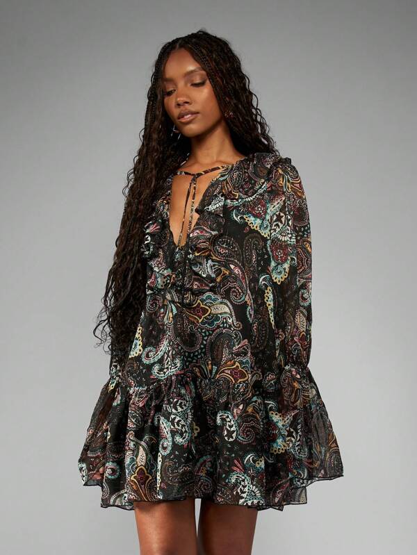 Missguided MISSGUIDED Paisley Print Chiffon Long Sleeve Ruffle V-Neck Mini Dress