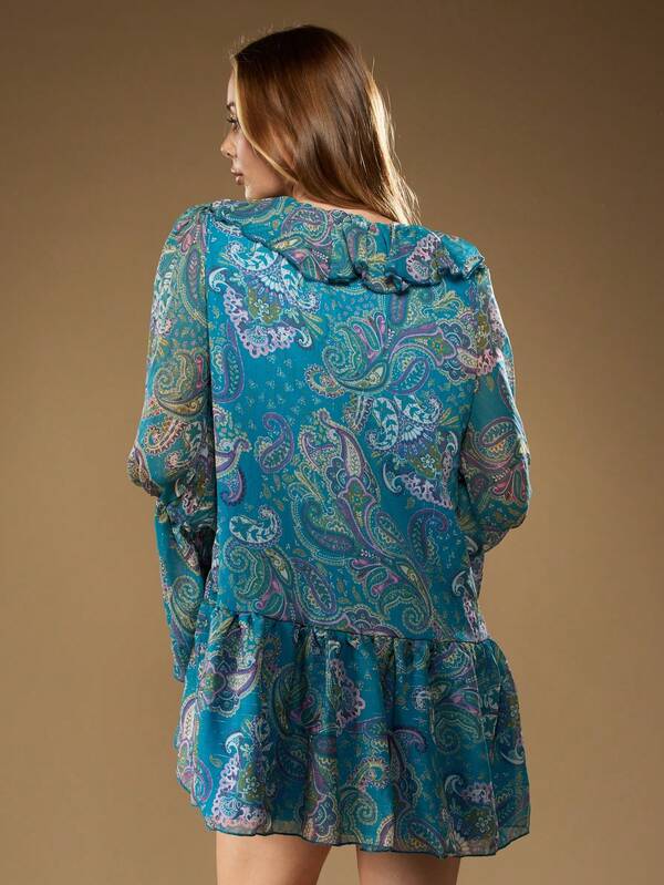 Missguided MISSGUIDED Paisley Print Chiffon Mini Dress With Ruffle Neck