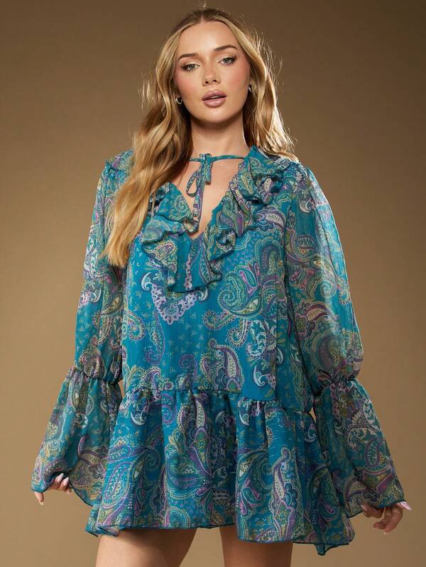 Missguided MISSGUIDED Paisley Print Chiffon Mini Dress With Ruffle Neck