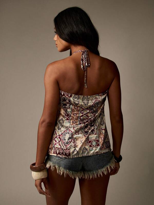 Missguided MISSGUIDED Paisley Print Cross Halter Neck Sleeveless Crop Top