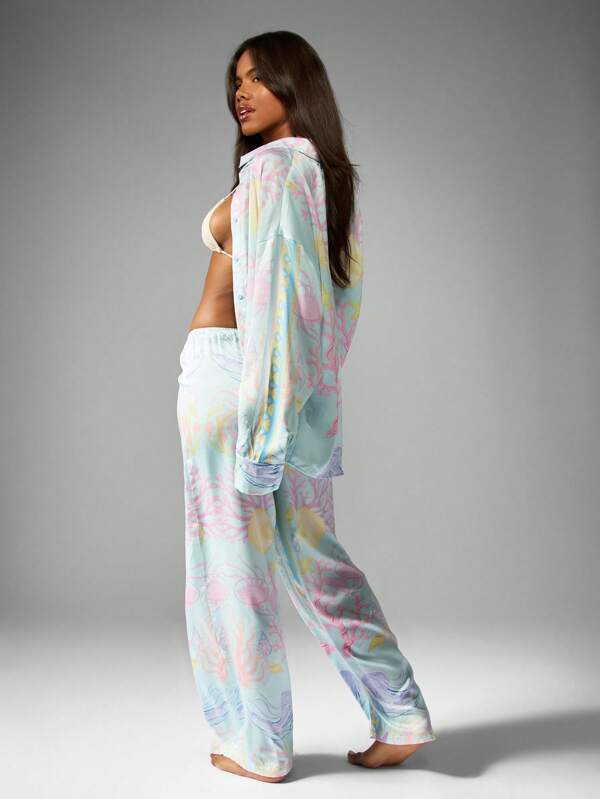 Missguided MISSGUIDED Pastel Coral Print Loungewear Two Piece Outfits With Button Down Shirt Wide Leg Pants