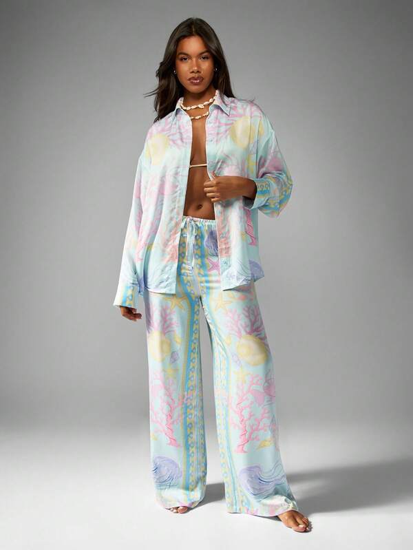 Missguided MISSGUIDED Pastel Coral Print Loungewear Two Piece Outfits With Button Down Shirt Wide Leg Pants