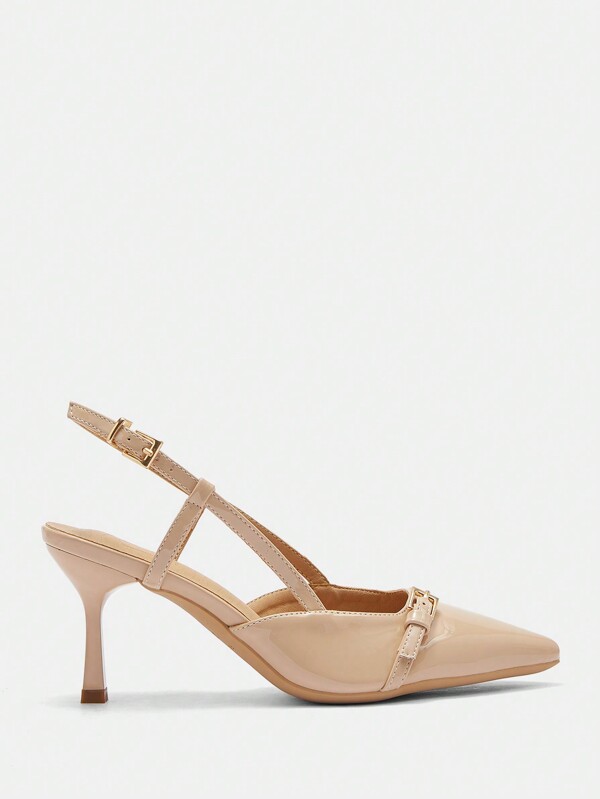 Missguided MISSGUIDED Patent Leather Pointed Toe Slingback Pumps Kitten Heel Buckle Detailed