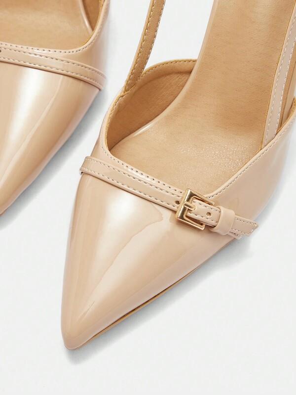 Missguided MISSGUIDED Patent Leather Pointed Toe Slingback Pumps Kitten Heel Buckle Detailed
