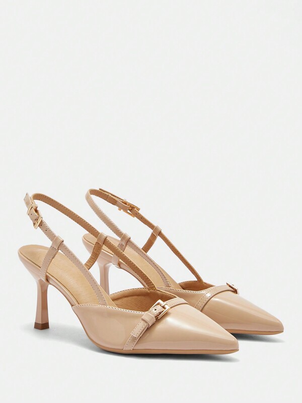 missguided MISSGUIDED Patent Leather Pointed Toe Slingback Pumps Kitten Heel Buckle Detailed