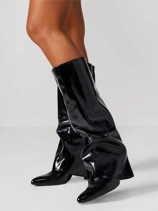Missguided MISSGUIDED Patent Leather Slouchy Knee High Boots With Block Heel