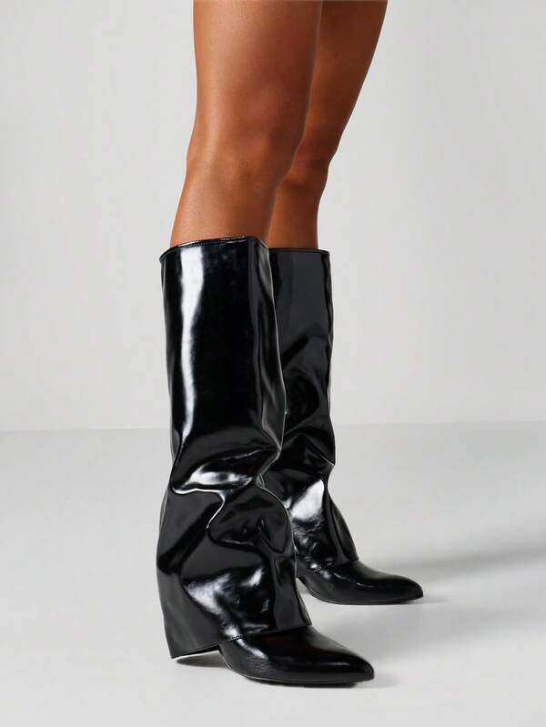 Missguided MISSGUIDED Patent Leather Slouchy Knee High Boots With Block Heel