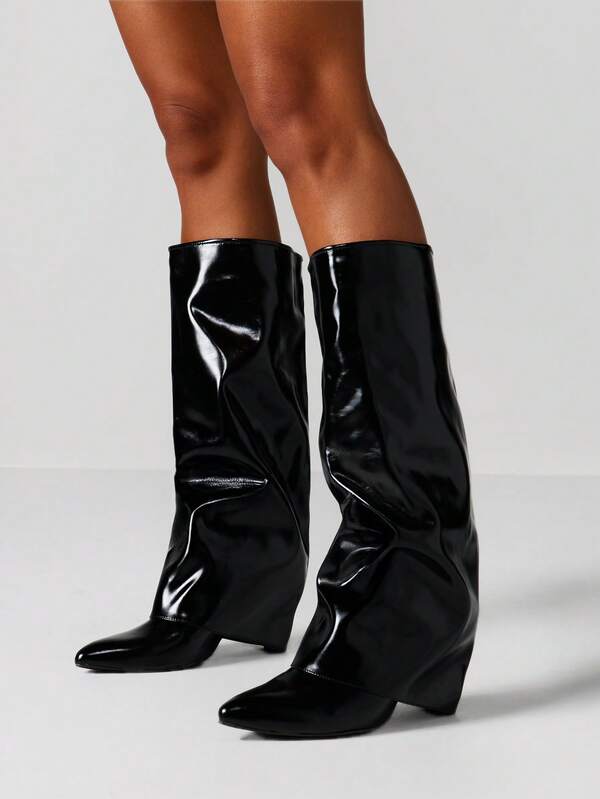 missguided MISSGUIDED Patent Leather Slouchy Knee High Boots With Block Heel