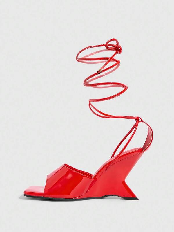 Missguided MISSGUIDED Patent Platform Wedge Sandals With Spiral Strap