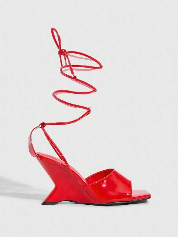 missguided MISSGUIDED Patent Platform Wedge Sandals With Spiral Strap