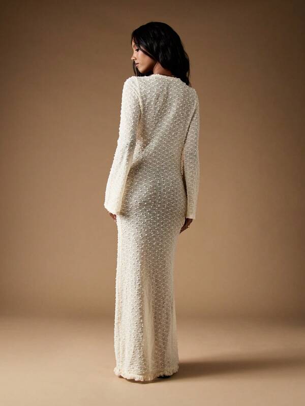 Missguided MISSGUIDED Pearl Beaded Wrap Maxi Dress With Long Sleeves