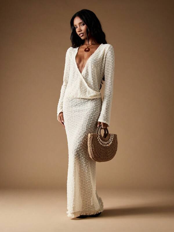 missguided MISSGUIDED Pearl Beaded Wrap Maxi Dress With Long Sleeves