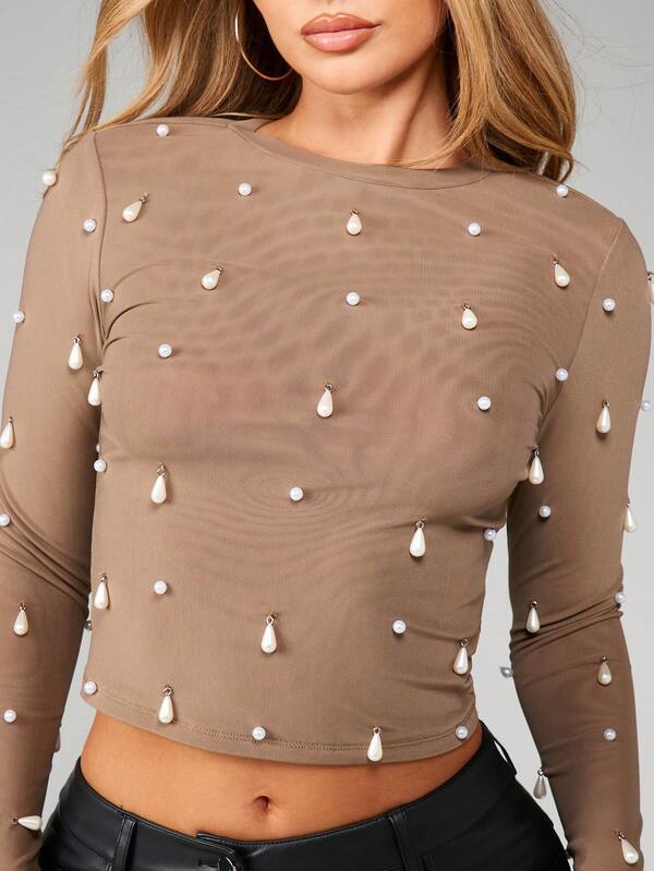 Missguided MISSGUIDED Pearl Embellished Long Sleeve Mesh Crop Top