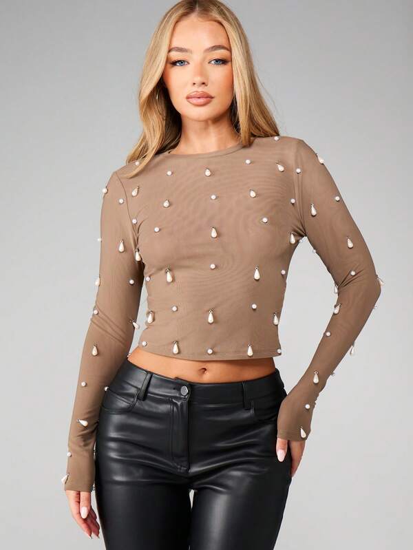 missguided MISSGUIDED Pearl Embellished Long Sleeve Mesh Crop Top