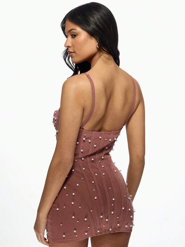 Missguided MISSGUIDED Pearl Embellished Mesh Corset Sweetheart Neckline Women Mini Dress