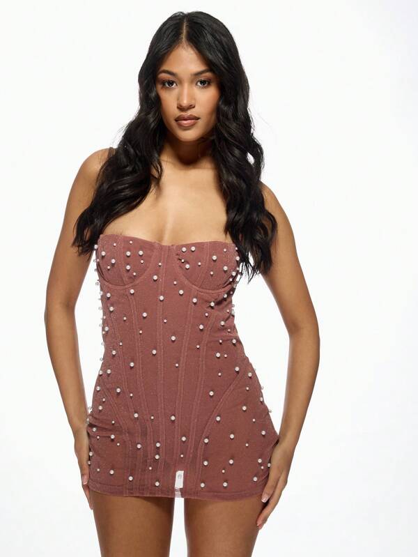 Missguided MISSGUIDED Pearl Embellished Mesh Corset Sweetheart Neckline Women Mini Dress