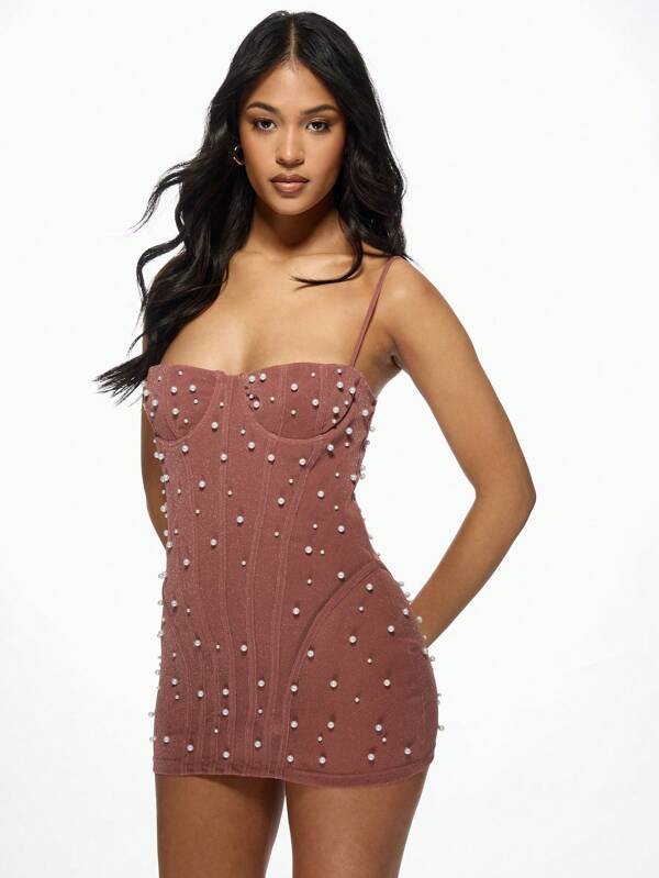 missguided MISSGUIDED Pearl Embellished Mesh Corset Sweetheart Neckline Women Mini Dress