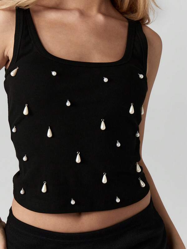 Missguided MISSGUIDED Pearl Trim Sleeveless Tank Top