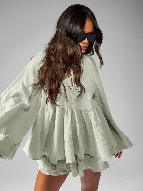 Missguided MISSGUIDED Peasant Blouse And Floaty Shorts Two Piece Outfit