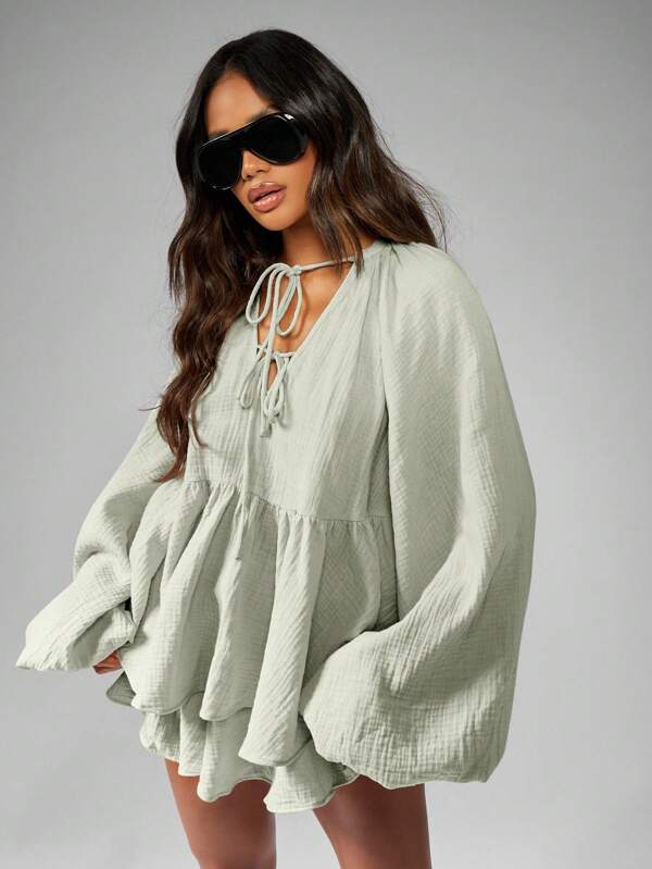 missguided MISSGUIDED Peasant Blouse And Floaty Shorts Two Piece Outfit