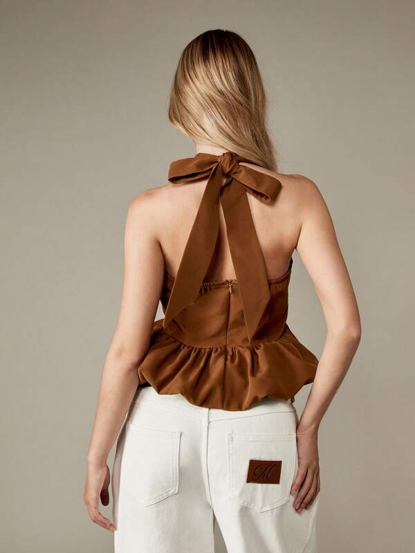 Missguided MISSGUIDED Peplum Halter Top With Back Bow Detail