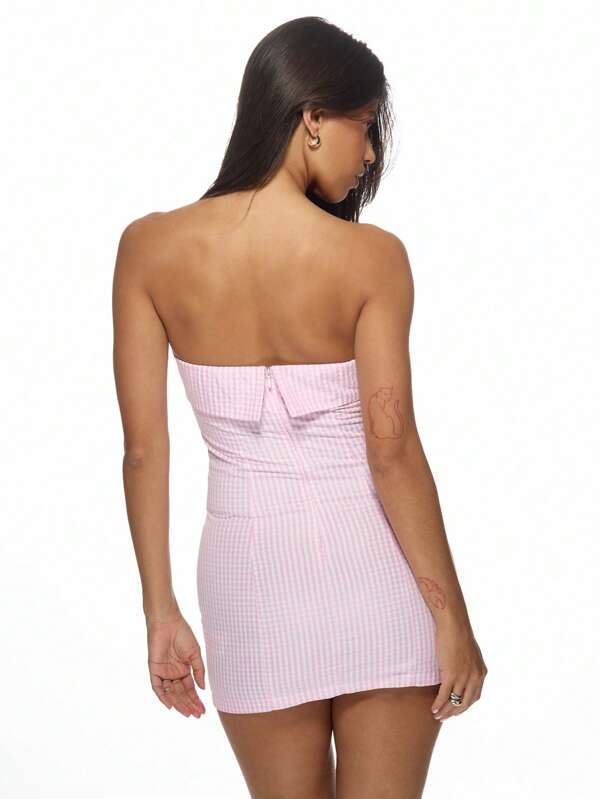Missguided MISSGUIDED Pink Gingham Check Pattern Strapless Bandeau Mini Dress