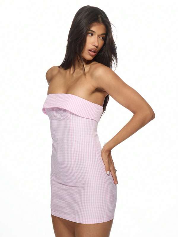 missguided MISSGUIDED Pink Gingham Check Pattern Strapless Bandeau Mini Dress