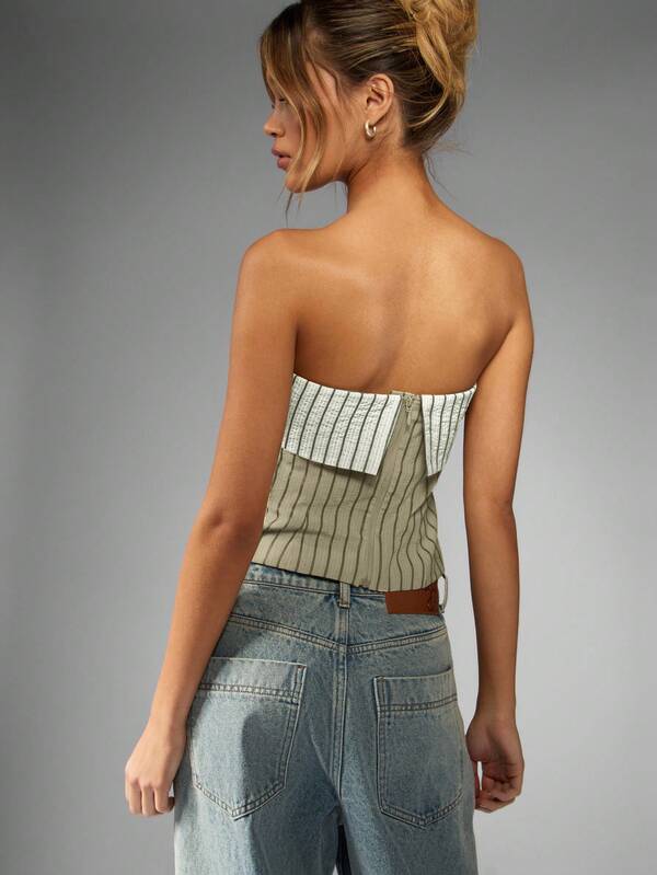 Missguided MISSGUIDED Pinstripe Bandeau Crop Top Fold Over Detail