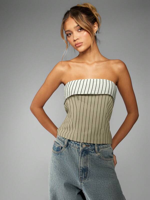 missguided MISSGUIDED Pinstripe Bandeau Crop Top Fold Over Detail