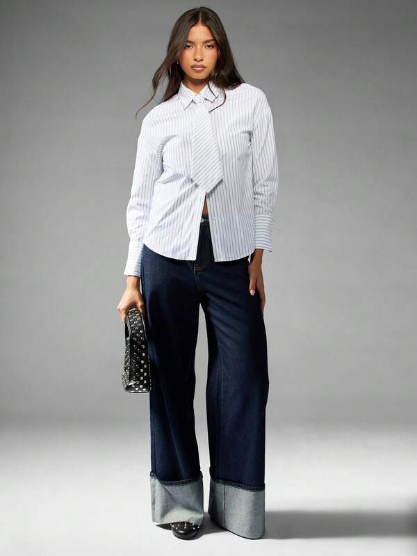 Missguided MISSGUIDED Pinstripe Button Down Blouse With Diagonal Tie