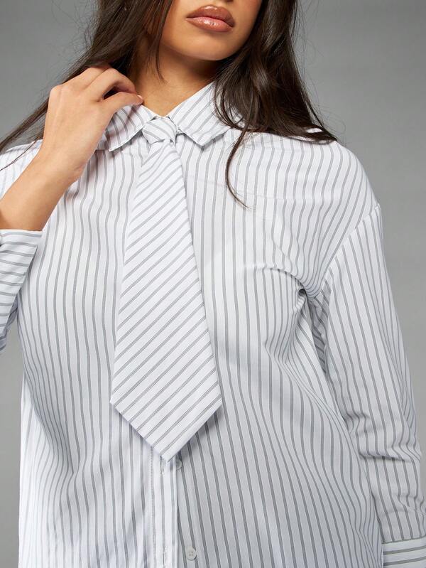 Missguided MISSGUIDED Pinstripe Button Down Blouse With Diagonal Tie