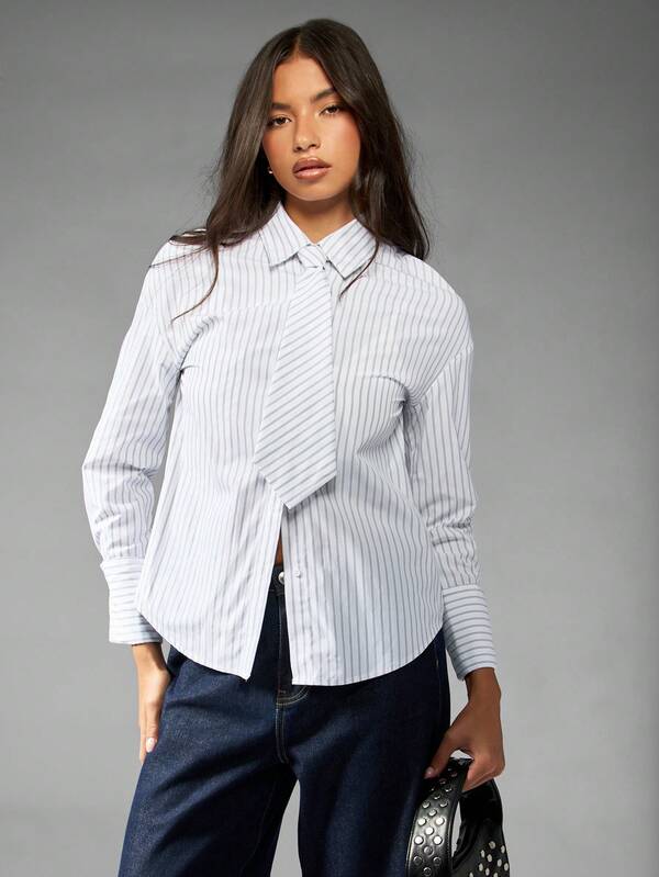missguided MISSGUIDED Pinstripe Button Down Blouse With Diagonal Tie