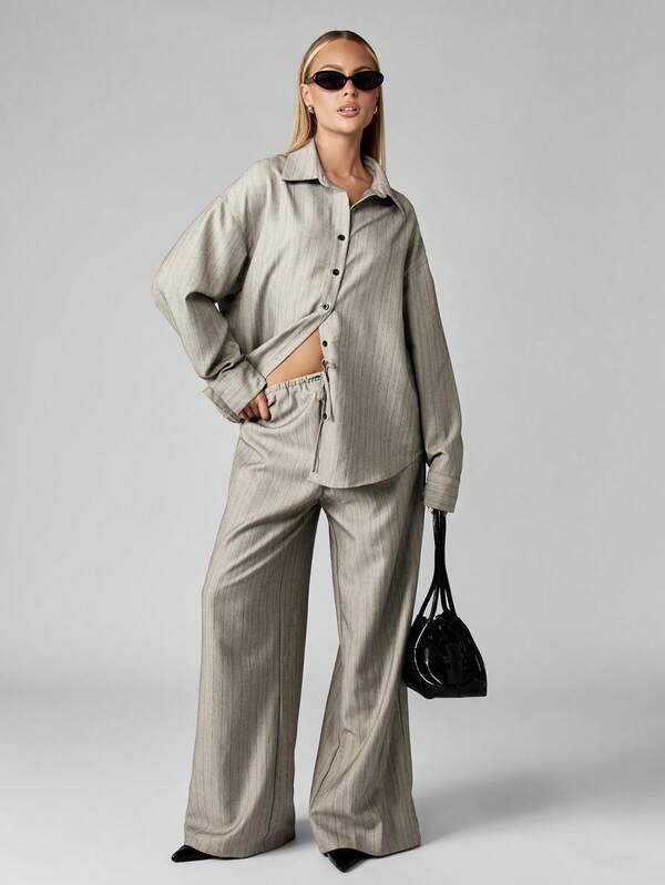 Missguided MISSGUIDED Pinstripe Button Down Shirt With Wide Leg Palazzo Pants