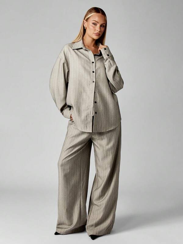 missguided MISSGUIDED Pinstripe Button Down Shirt With Wide Leg Palazzo Pants