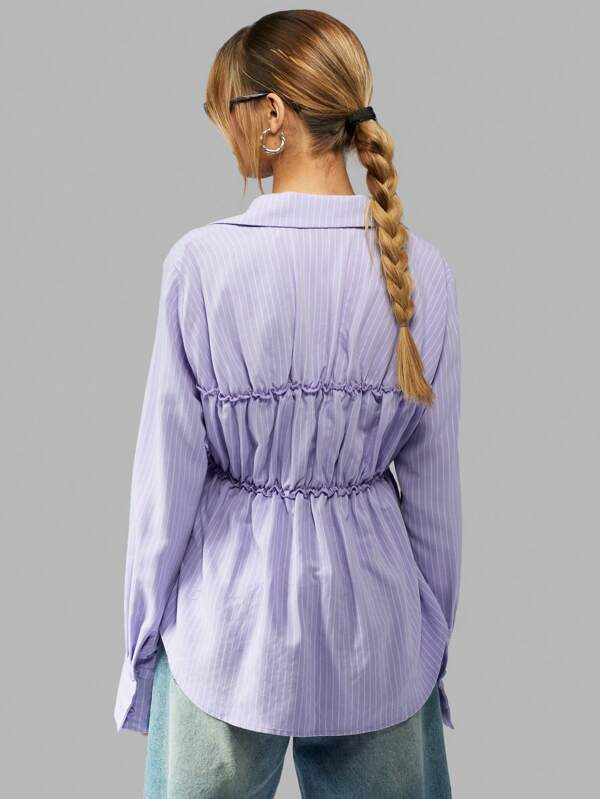 Missguided MISSGUIDED Pinstripe Button-Up Ruched Detail Long Sleeve Collared Blouse