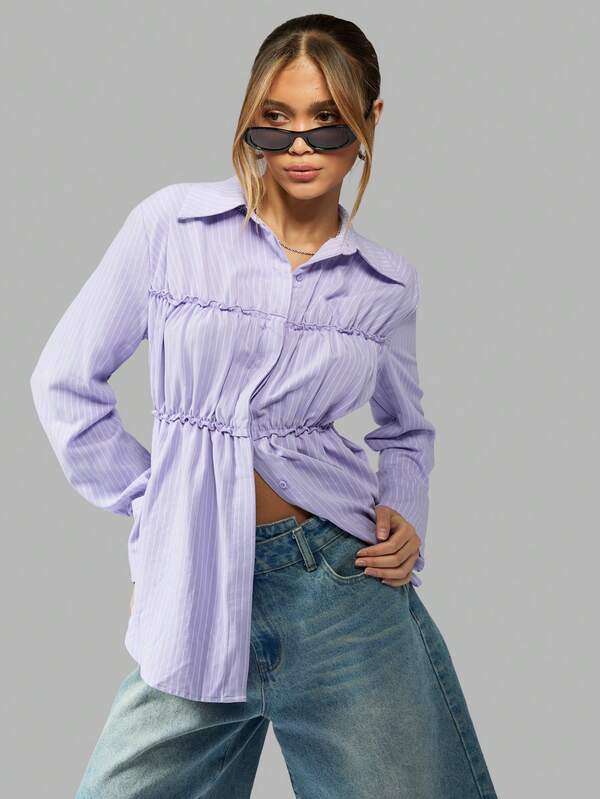 Missguided MISSGUIDED Pinstripe Button-Up Ruched Detail Long Sleeve Collared Blouse