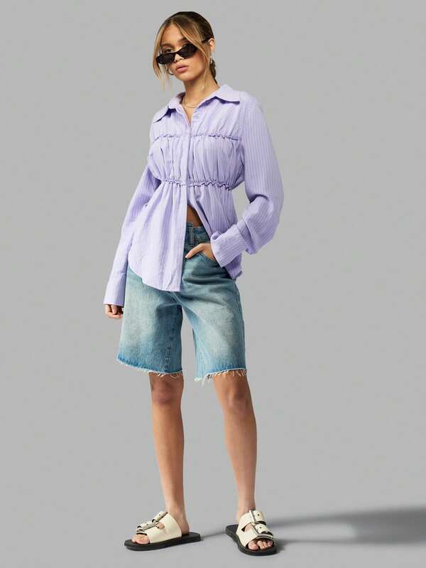 Missguided MISSGUIDED Pinstripe Button-Up Ruched Detail Long Sleeve Collared Blouse