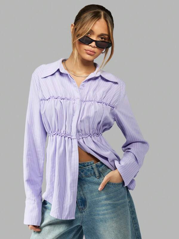 missguided MISSGUIDED Pinstripe Button-Up Ruched Detail Long Sleeve Collared Blouse