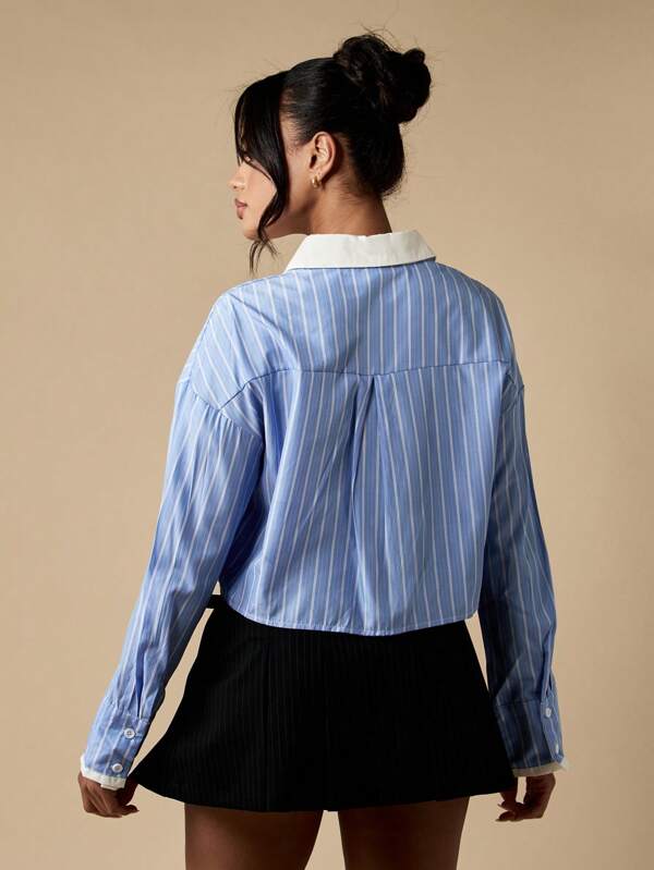 Missguided MISSGUIDED Pinstripe Cropped Button Down Long Sleeve Collared Blouse