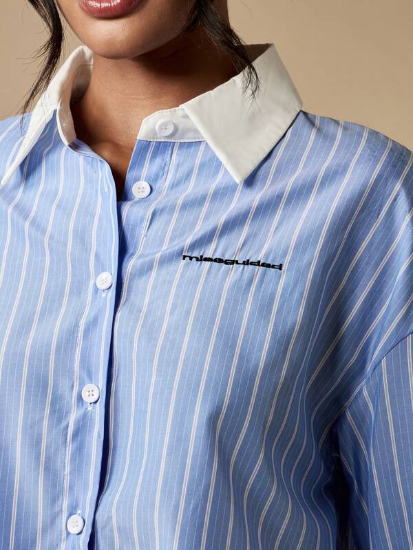 Missguided MISSGUIDED Pinstripe Cropped Button Down Long Sleeve Collared Blouse