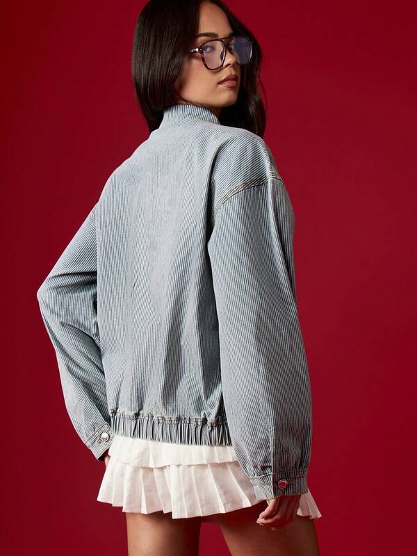 Missguided MISSGUIDED Pinstripe Denim Bomber Jacket With Elastic Waistband
