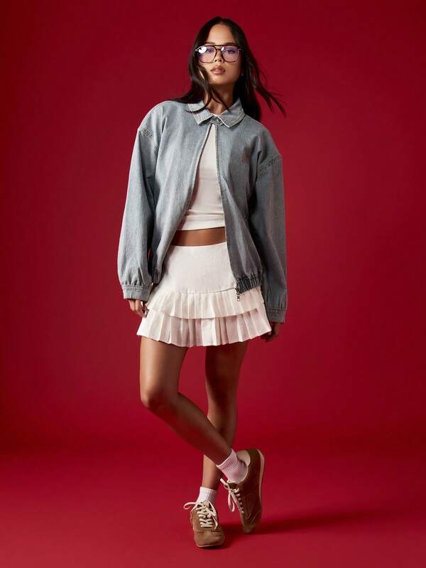 Missguided MISSGUIDED Pinstripe Denim Bomber Jacket With Elastic Waistband