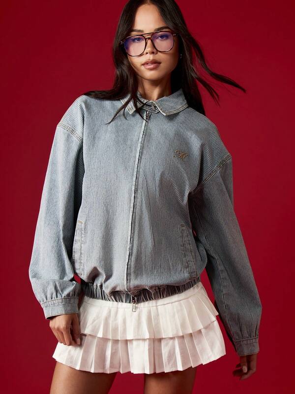 missguided MISSGUIDED Pinstripe Denim Bomber Jacket With Elastic Waistband