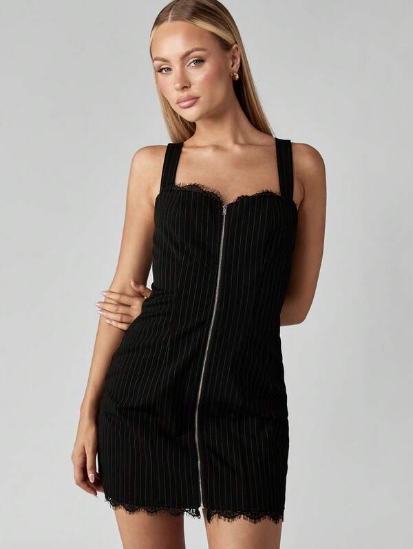 missguided MISSGUIDED Pinstripe Fitted Mini Dress With Lace Trim