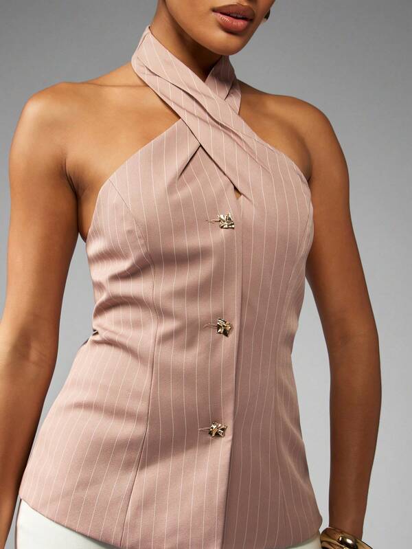 Missguided MISSGUIDED Pinstripe Halter Neck Waistcoat With Buttons