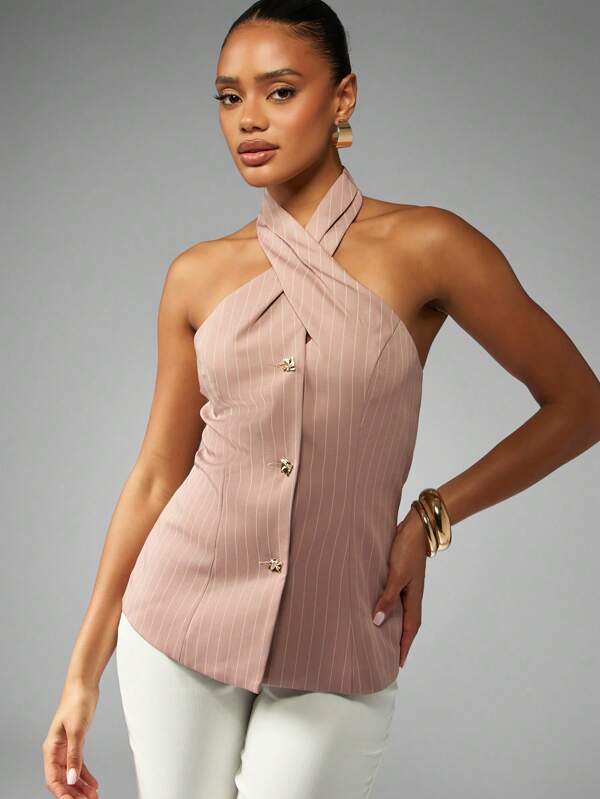 missguided MISSGUIDED Pinstripe Halter Neck Waistcoat With Buttons