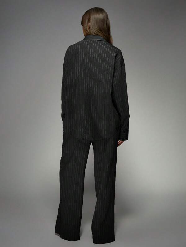 Missguided MISSGUIDED Pinstripe Linen Wide Leg Trouser Shirt Co Ord Two Piece Outfit
