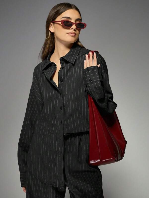 Missguided MISSGUIDED Pinstripe Linen Wide Leg Trouser Shirt Co Ord Two Piece Outfit